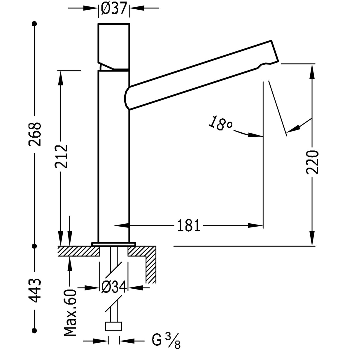 Baterie pe lavoar inalta , TRES Max, Crom lucios