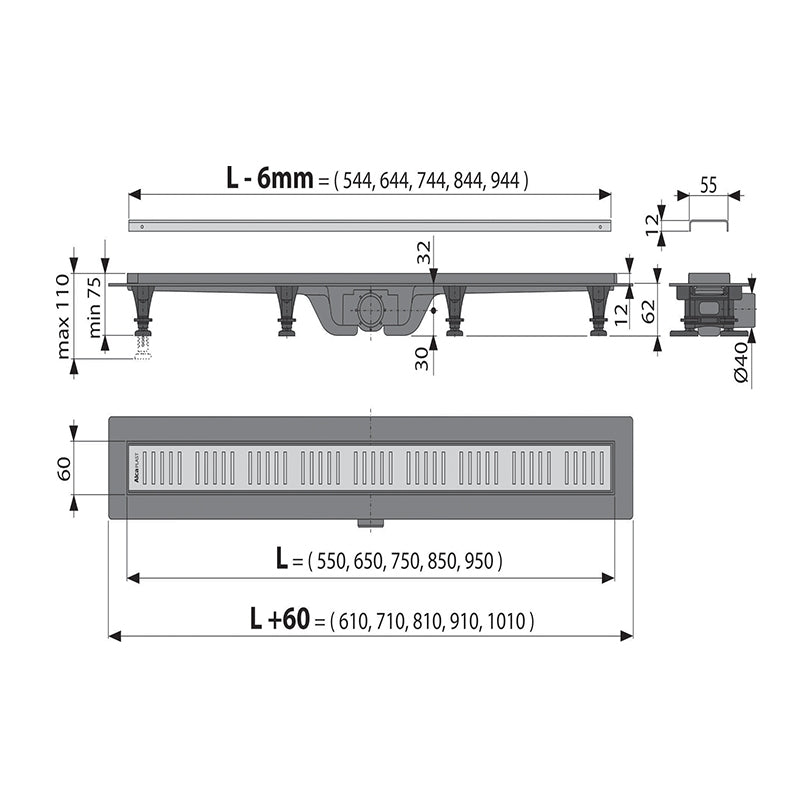 Canal De Scurgere Alca Apz10 Simple Cu Gratar Perforat, 550Mm, Otel Inoxidabil Mat