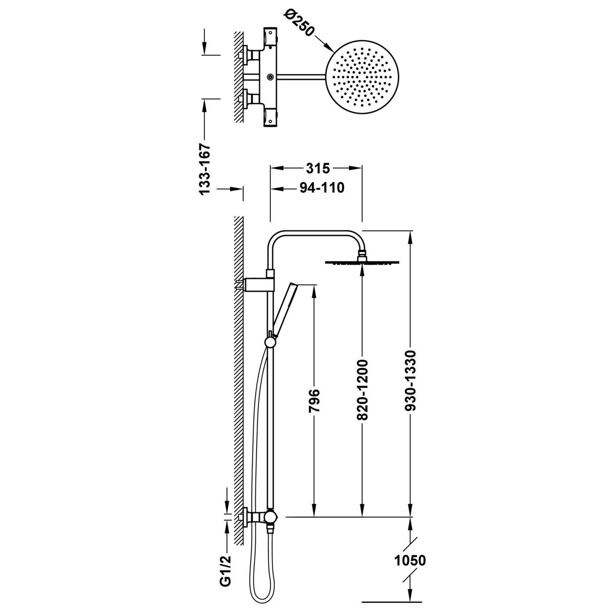 Sistem De Dus Tres Termostatic, Cap Dus Rotund 250 Mm, 2 Iesiri, Bara De Dus Telescopica, Crom