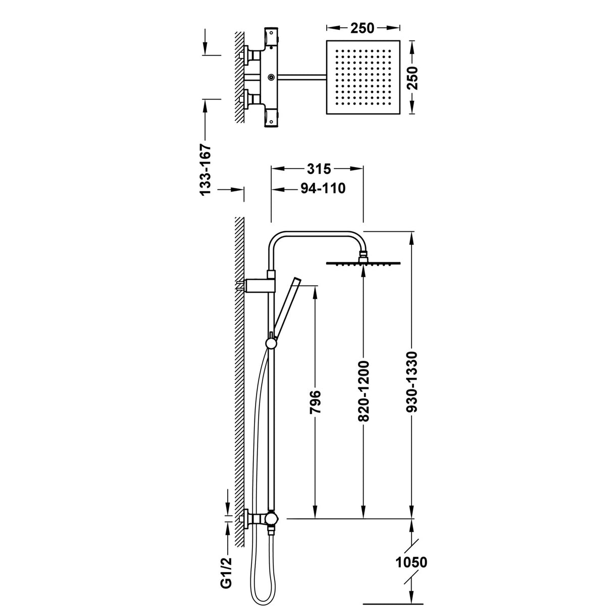 Sistem De Dus Tres Termostatic, Cap Dus Patrat 250 Mm, 2 Iesiri, Bara De Dus Telescopica, Crom