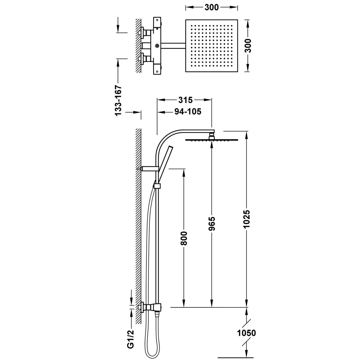 Sistem De Dus Tres Termostatic, Cap Dus Patrat 300 Mm, 2 Iesiri, Negru Mat