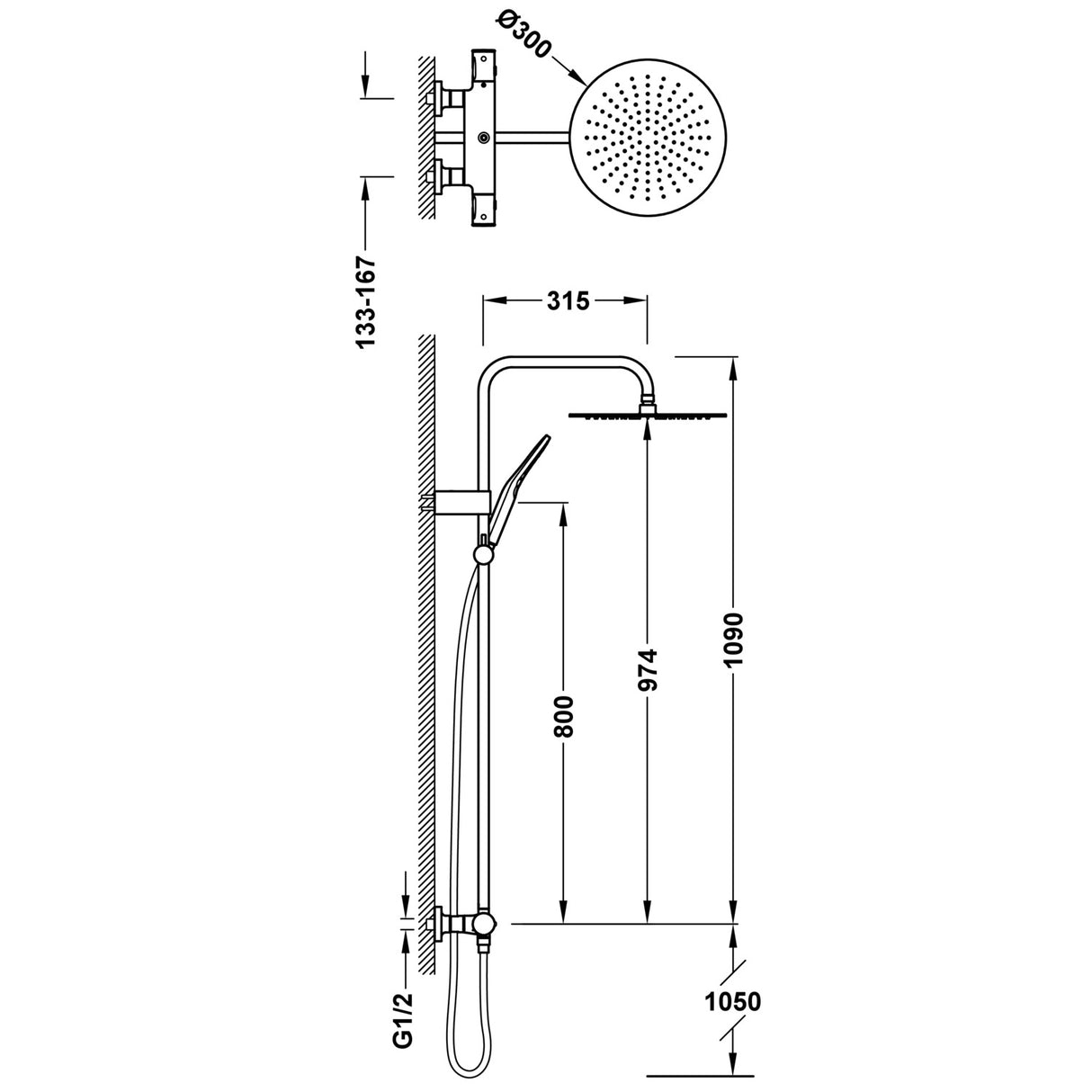 Sistem De Dus Tres Termostatic, Cap Dus Rotund 300 Mm, 2 Iesiri, Negru Mat