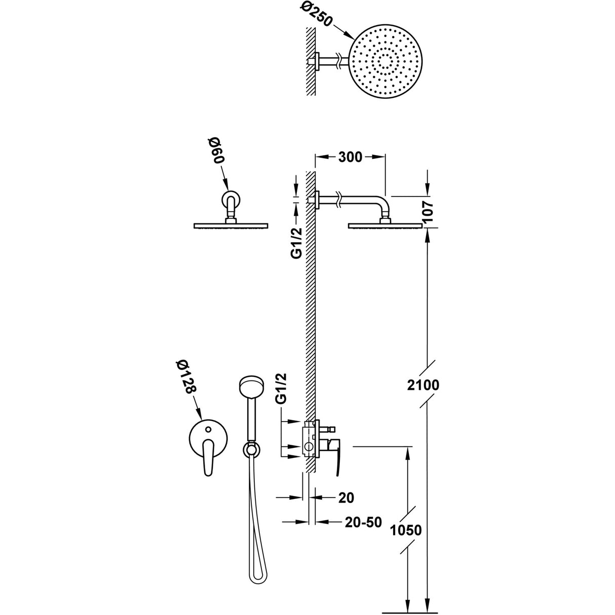 Sistem de dus incastrat cu 2 iesiri si comutator, cap de dus rotund, diametru 250mm, TRES Flat, Crom lucios