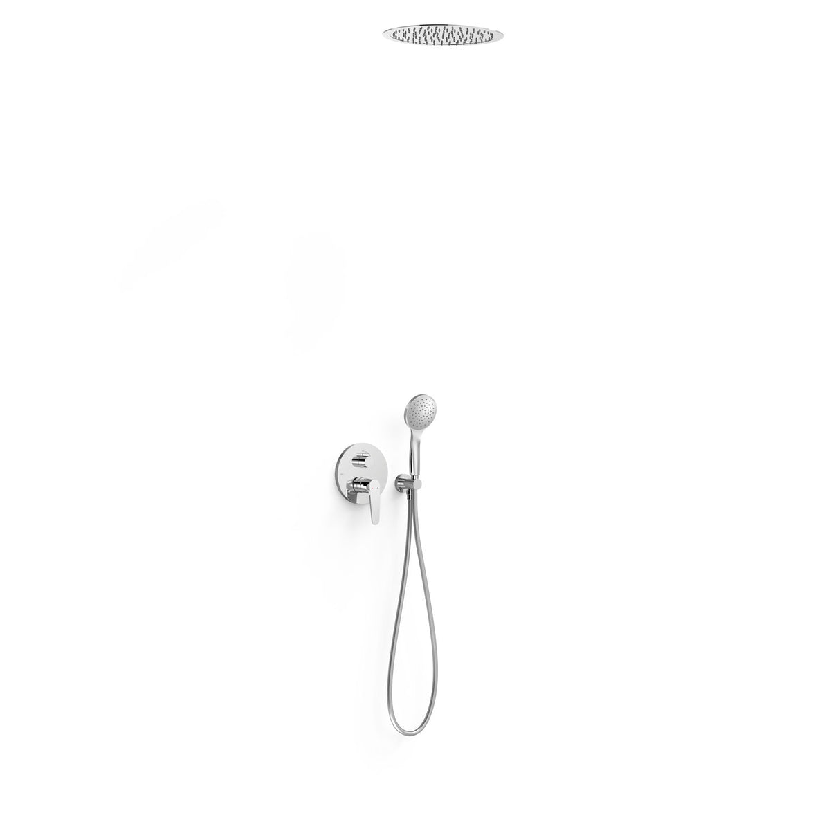 Sistem de dus incastrat cu 2 iesiri, cap de dus rotund incastrat, diametru de 332mm, TRES Flat, Crom lucios