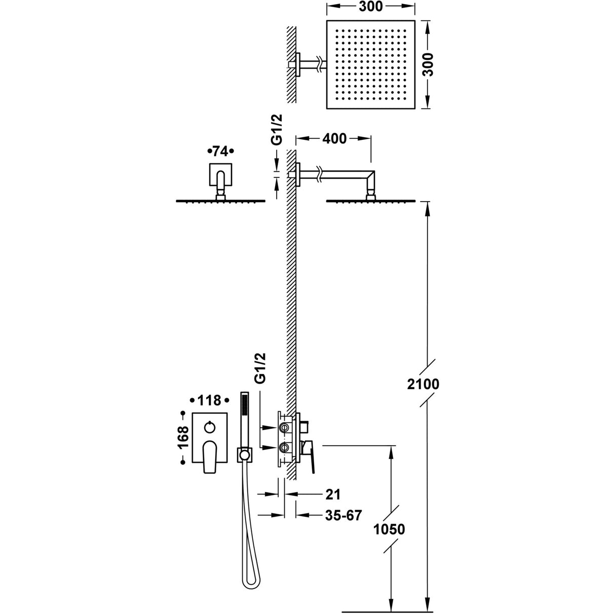 Sistem Dus Tres Incastrat Project Tres,  2 Iesiri Cu Diverter, Cap Dus Fix 300 Mm, Brat Dus 400 Mm, Para Dus Stick, Crom