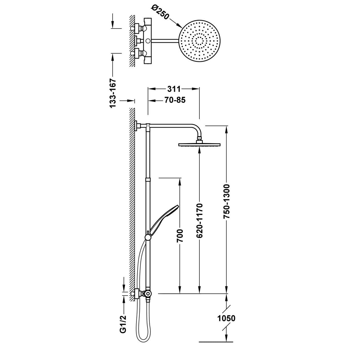 Baterie Set Dus Aparent TRES Base Plus Negru mat Termostatic