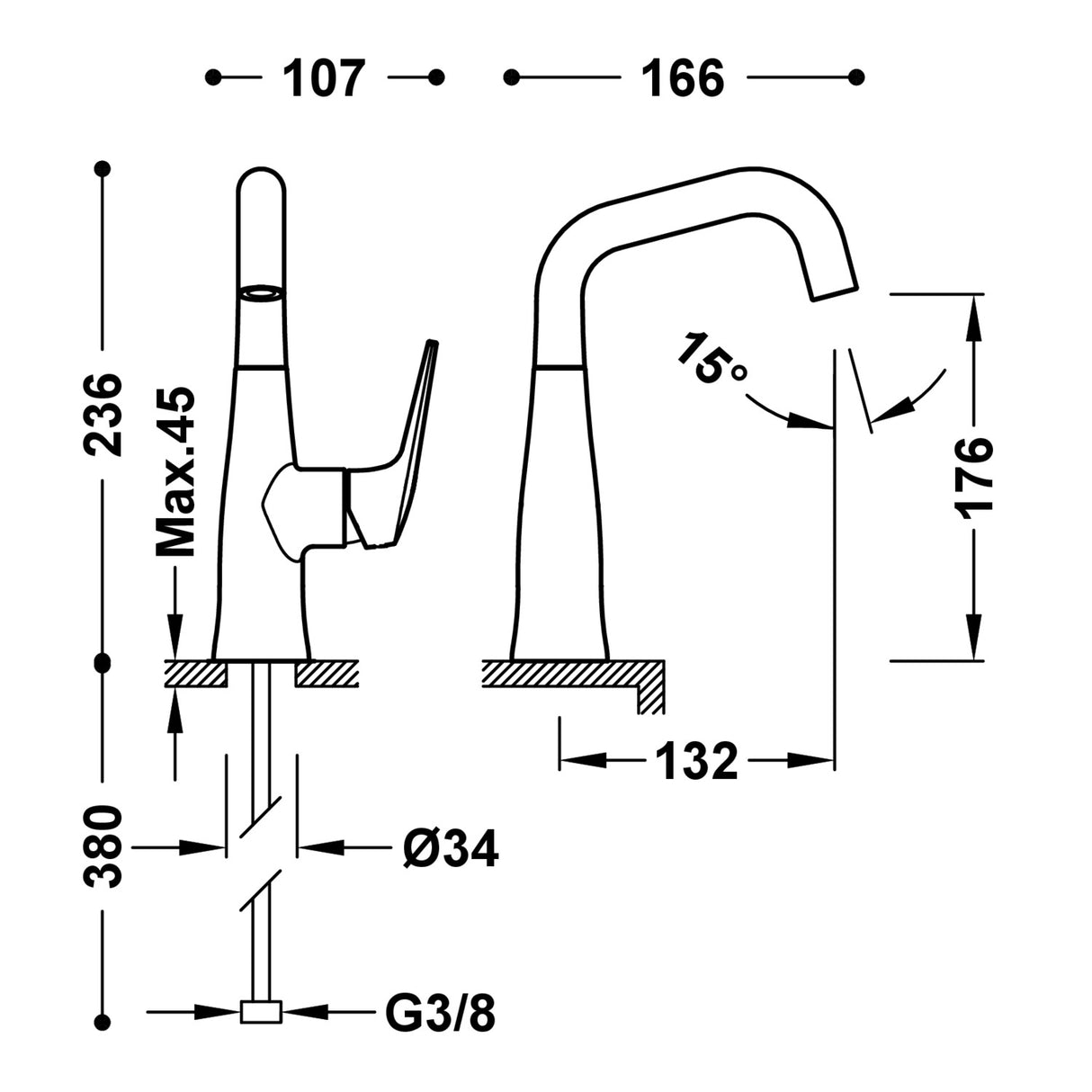 Baterie lavoar TRES Fuji, monocomanda , Rose mat pe lavoar
