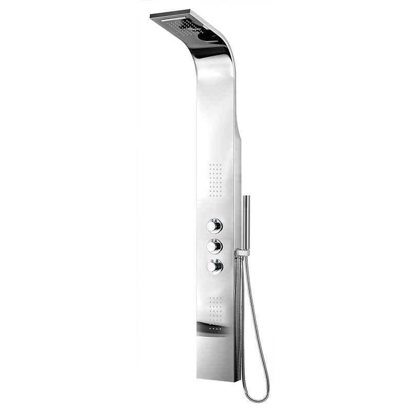 Panou de dus Wellis GLAM, cu termostat, 22x45x160 cm, corp panou otel inoxidabil, dus din tavan cu efect de ploaie, cascada, 2 duze masaj, para de dus, 3 baterii independente pentru dus