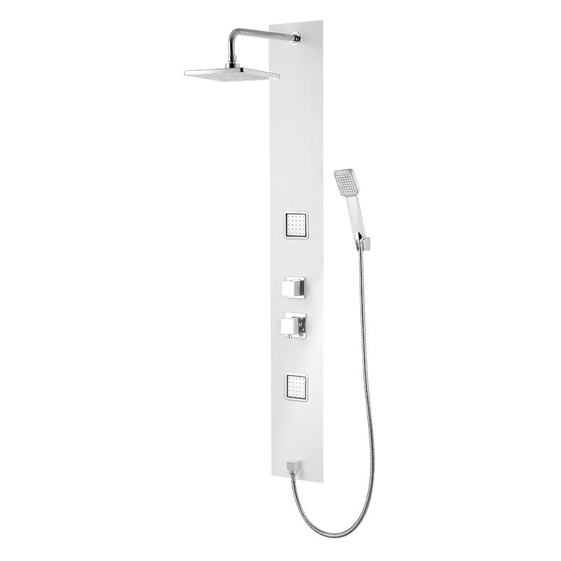 Panou de dus WELLIS PALOMA, 21x55x140 cm, corp aluminiu alb, 2 duze, dus tavan cu efect de ploaie, para de dus, baterie cu un brat