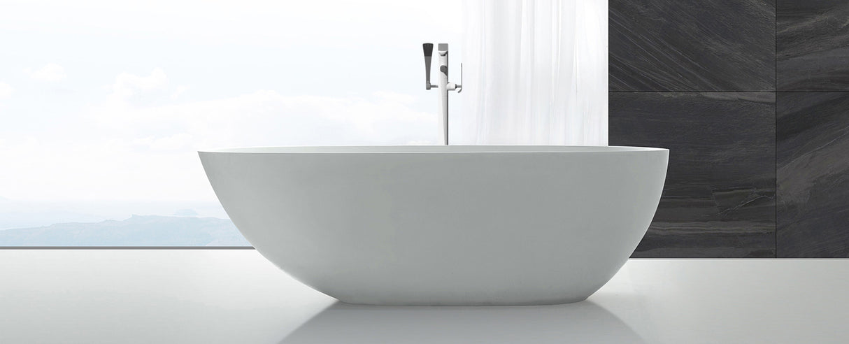 Cada freestanding WELLIS SOUL WHITE, din marmura turnata alb mat, 167.5x 85 x 53 cm - 268 l, scurgere inferioara si preaplin