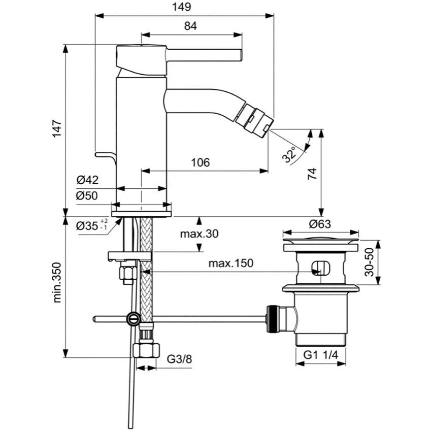 Baterie Bideu Ideal Standard Ceraline Silk Black Cu Ventil
