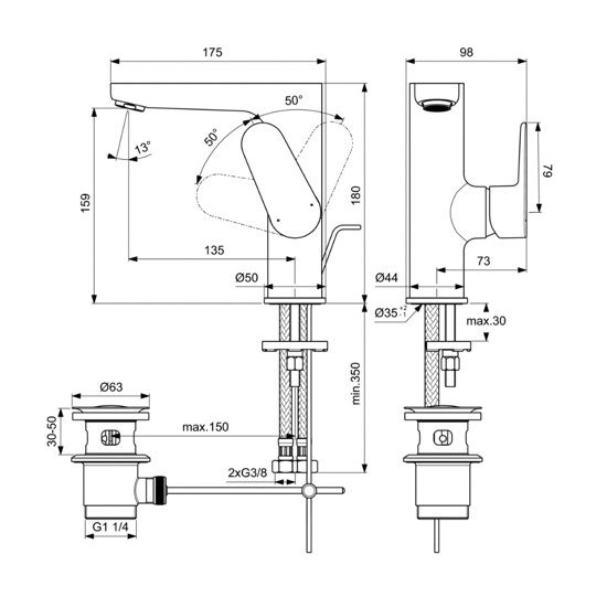 Baterie Lavoar Ideal Standard H155 Cerafine O Silk Black,Cu Pipa Inalta Si Ventil Metalic
