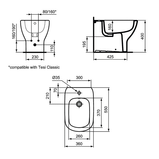 Bideu Ideal Standard Tesi Btw, 55X36, Alb Mat
