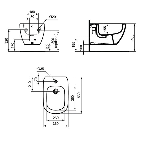 Bideu Ideal Standard Tesi Suspendat, Fixare Complet Ascunsa, 53X36, Alb Mat