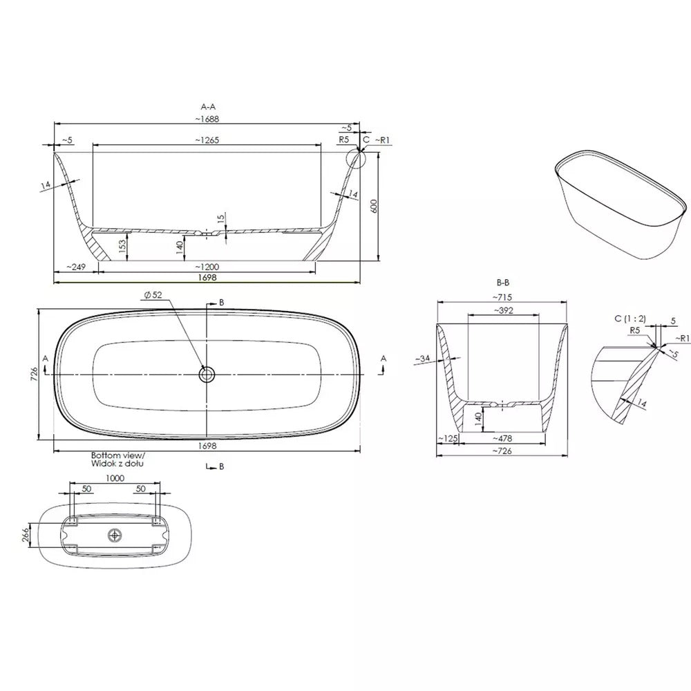 Cada Cast Marble Creta 1700X726X600 Fara Preaplin, Ventil Click-Clack