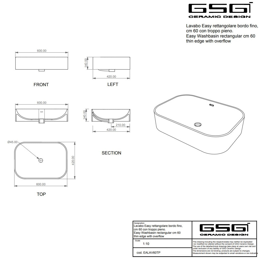 Lavoar Gsg Easy Rectangular 60X42 Cm, H 14 Cm, Fara Preaplin, Alb Lucios
