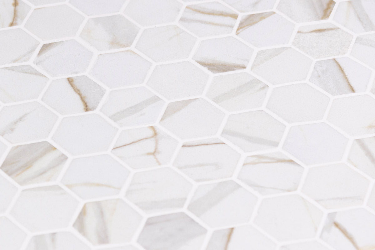 Mozaic Onix, Hex Ecostones Calcatta Gold Matte, Mat, Sticla, Aspect Marmura, 29x29cm