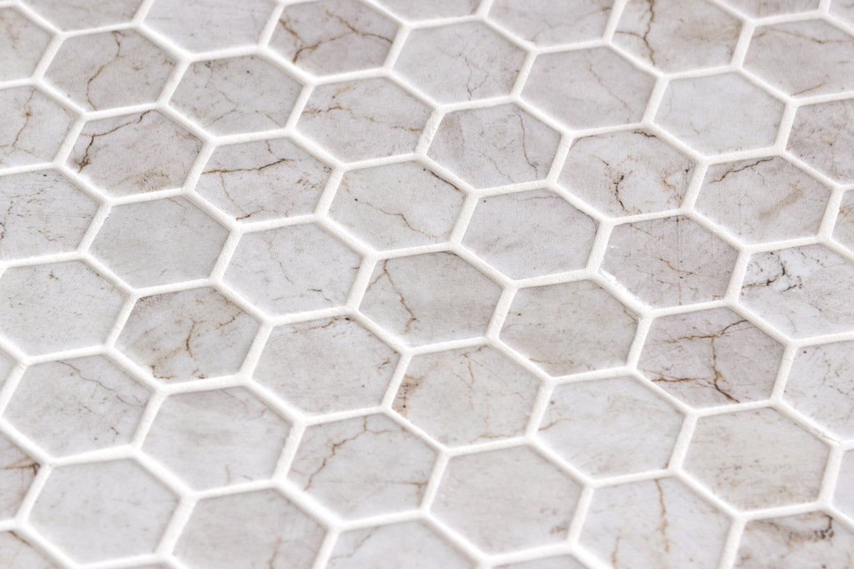 Mozaic Onix, Hex Ecostones Ivory Honed, Mat, Sticla, Aspect Marmura, 29x29cm