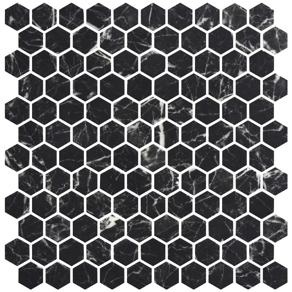 Mozaic Onix, Hex Ecostones Nero Marquina Matte, Mat, Sticla, Aspect Marmura, 29x29cm