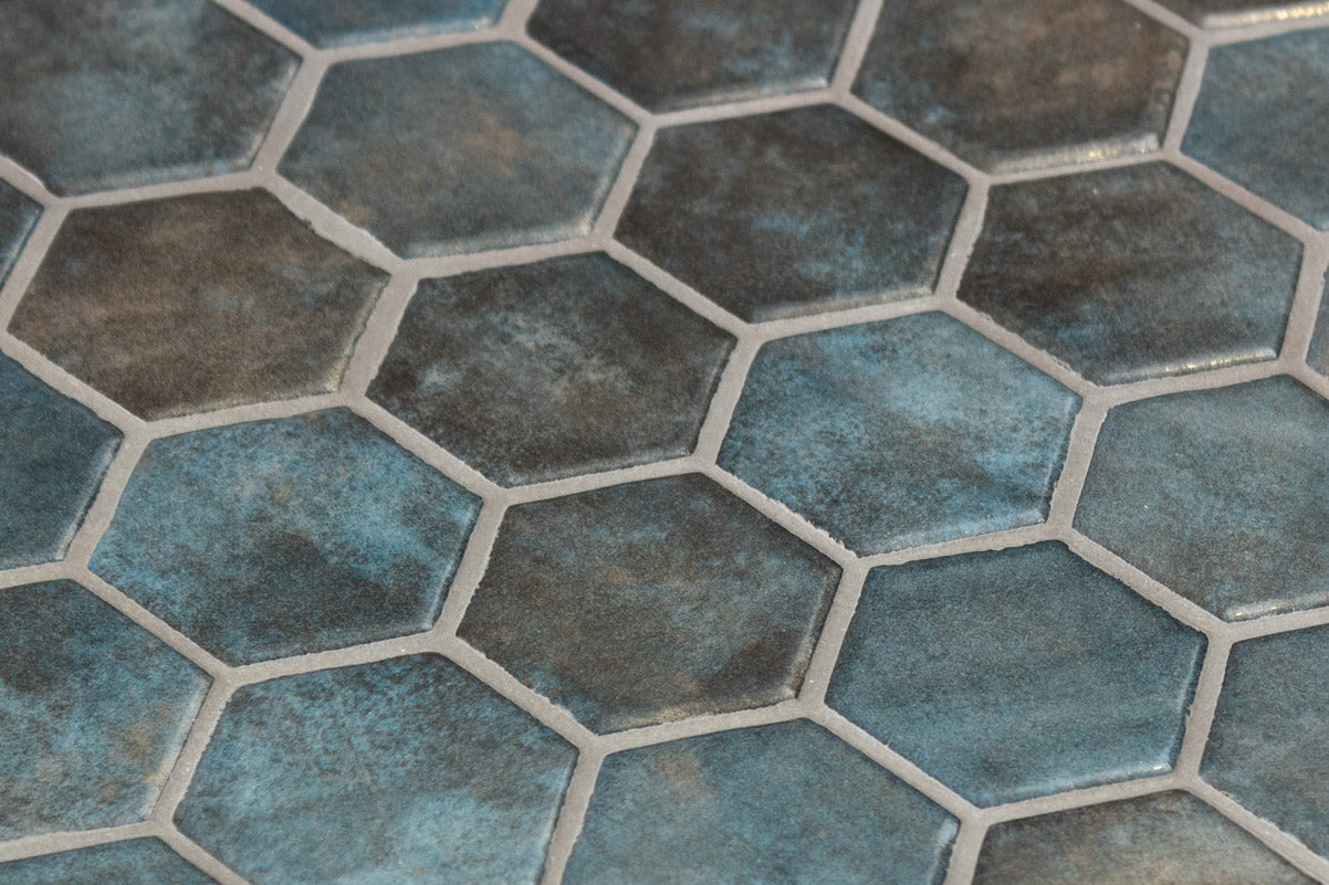 Mozaic Onix, Hex XL Denim Copper, Mat, Sticla, Aspect Marmura, 29x29cm