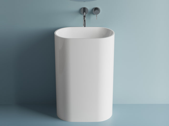 Lavoar Cast Marble Frestanding Chira Oval 56.5X36X85 Cm, Compozit Mineral, Alb Mat