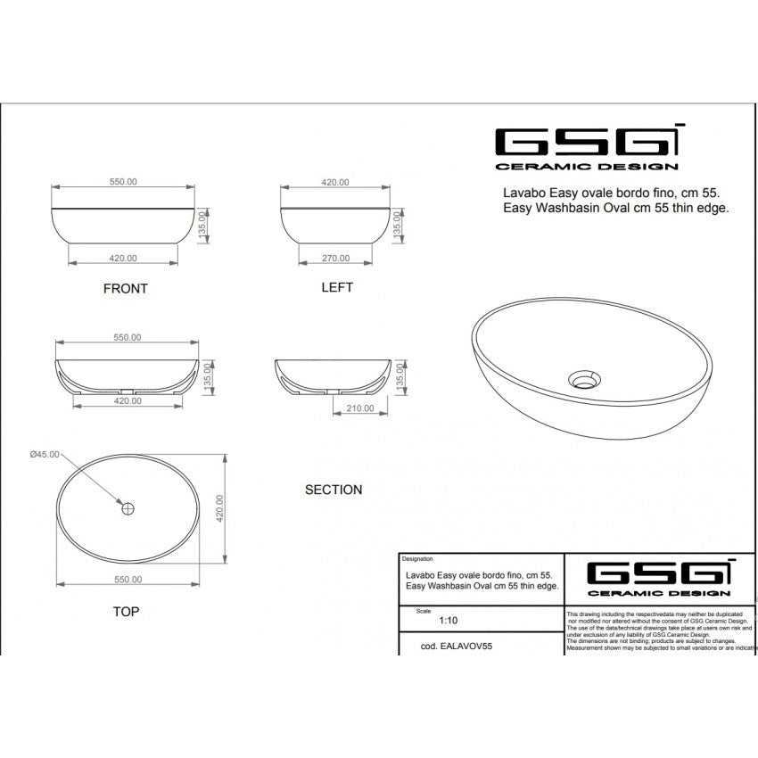 Lavoar Gsg Easy  Oval 55X42 Cm, H 13.5 Cm, Fara Preaplin, Alb Lucios