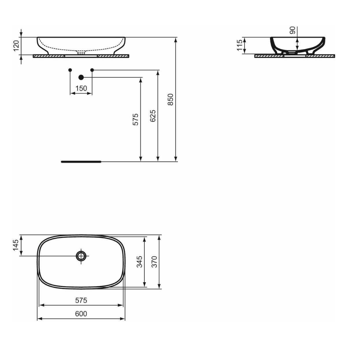 Lavoar Ideal Standard I.Life B 60X37 Cm, Montaj Pe Blat, Fara Preplin, Fara Orificiu Baterie