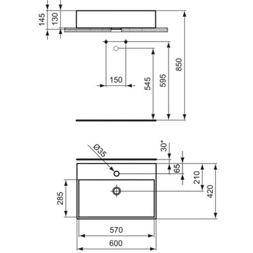 Lavoar Ideal Standard Strada 60X42 Cu Gaura Pentru Baterie Si Preaplin, Glazurat Pe Latura Din Spate, Montaj Pe Blat