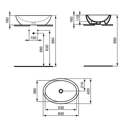Lavoar Ideal Standard Strada Oval 60X42, Fara Orificiu Baterie Si Fara Preaplin, Silk Black