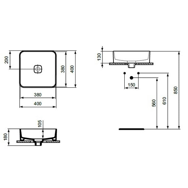 Lavoar Ideal Standard Strada Ii Patrat 40X40 Montaj Pe Blat, Fara Orificiu Baterie, Fara Preaplin
