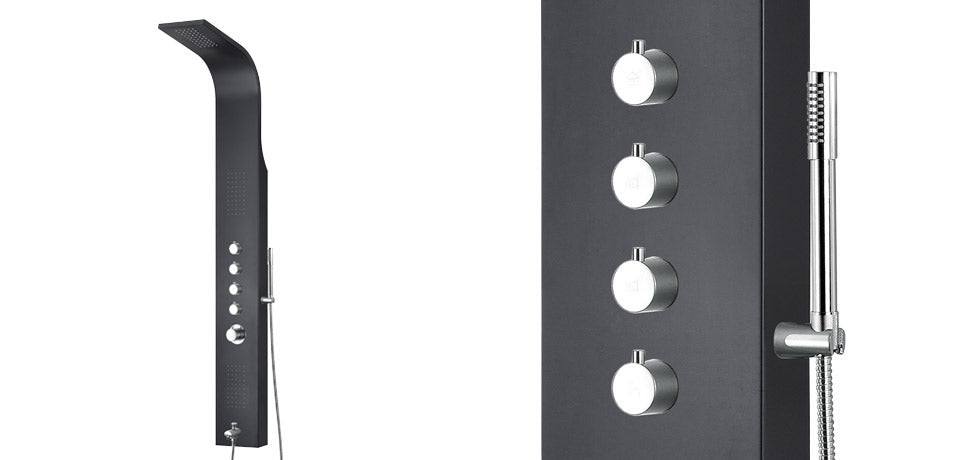 Panou de dus Wellis MARINER BLACK, 19x50x160 cm, corp panou negru mat, dus senzorila cu duze, dus din tavan cu efect de ploaie tropicala, para dus, 4 baterii independente pentru dus, baterie pe partea inferioara