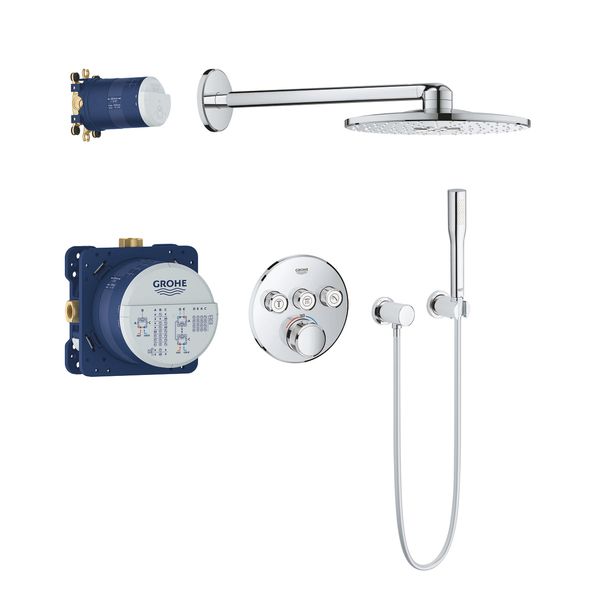 Sistem Dus Termostatic Incastrat Grohe  Grohtherm Smart Control, Rainshower 310 Smartactive, 2 Jeturi, Set Dus Euphoria Cosmopolitan Stick, Furtun Silverflex 150 Cm