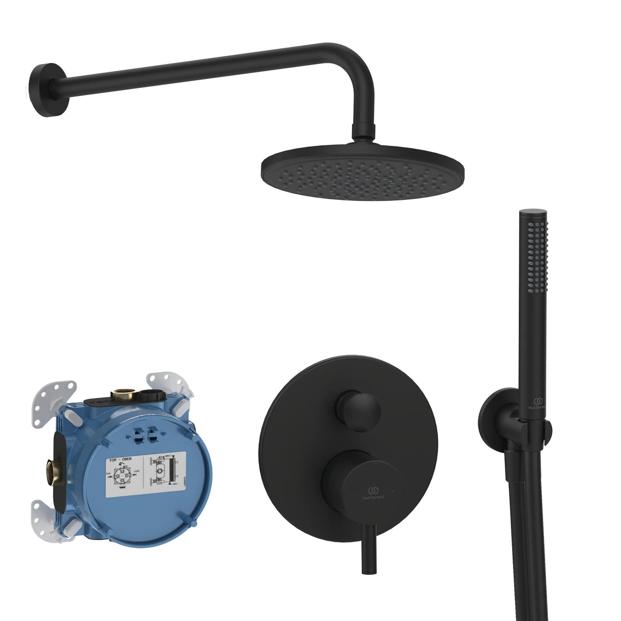 Sistem Dus Incastrat Ideal Standard Ceraline, 2 Iesiri Cu Diverter, Cap Dus Fix 200 Mm, Brat Dus 300 Mm, Para Dus Stick Metal, Furtun Dus 175 Cm, Negru Mat