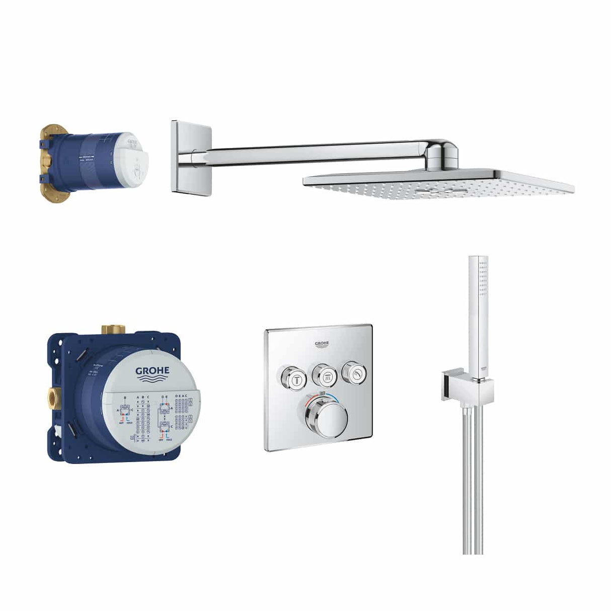 Sistem Dus Termostatic Incastrat Grohe Grohtherm Smartcontrol, Rainshower 310 Smartactive Cube, 2 Jeturi, Set Dus Euphoria Cube Stick, Furtun Silverflex 150 Cm