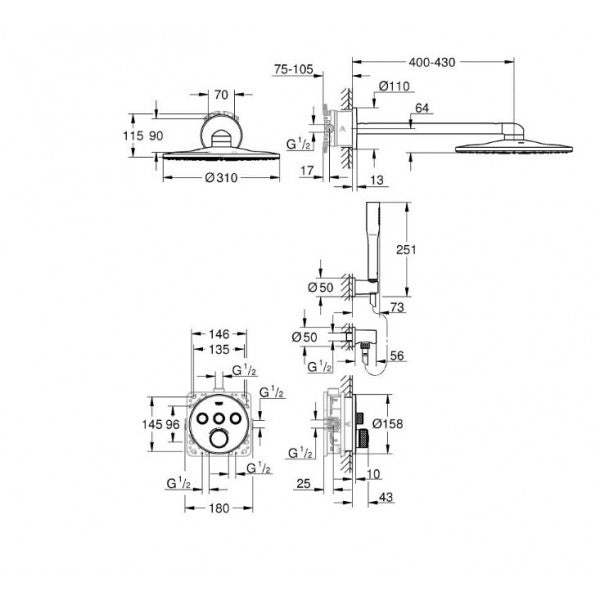 Sistem Dus Termostatic Incastrat Grohe  Grohtherm Smart Control, Rainshower 310 Smartactive, 2 Jeturi, Set Dus Euphoria Cosmopolitan Stick, Furtun Silverflex 150 Cm