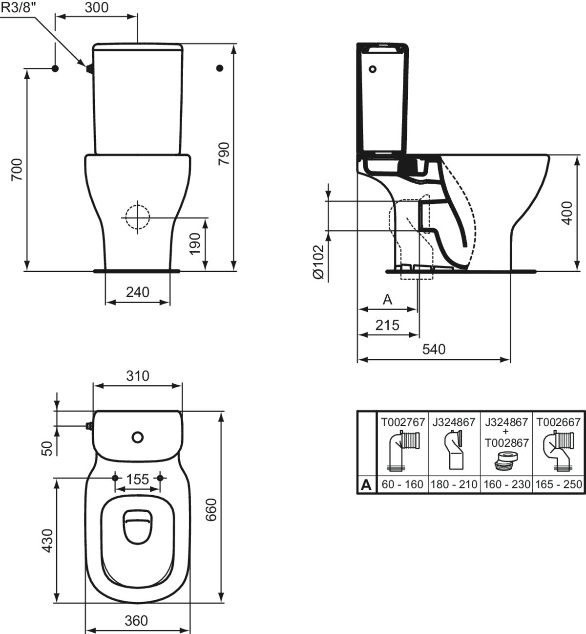 Vas Wc Ideal Standard Tesi Aquablade, Evacuare Laterala, 66.5X36.5
