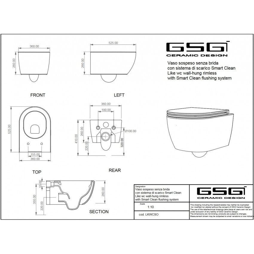 Vas Wc Like Gsg Suspendat Rimless, 52.5X36 Cm, Cu Sistem De Prindere Inclus, Alb Lucios