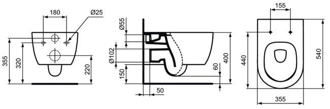 Vas Wc Ideal Standard Blend Curve Suspendat Aquablade 54.5X36, Fixare Complet Ascunsa