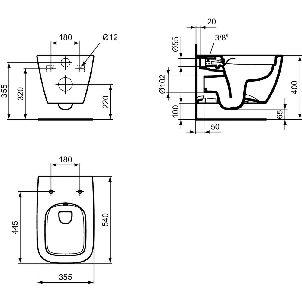 Vas Wc Ideal Standard  I.Life B Suspendat Rimless+ Cu Functie De Bideu, 54X35.5, Fixare Complet Ascunsa