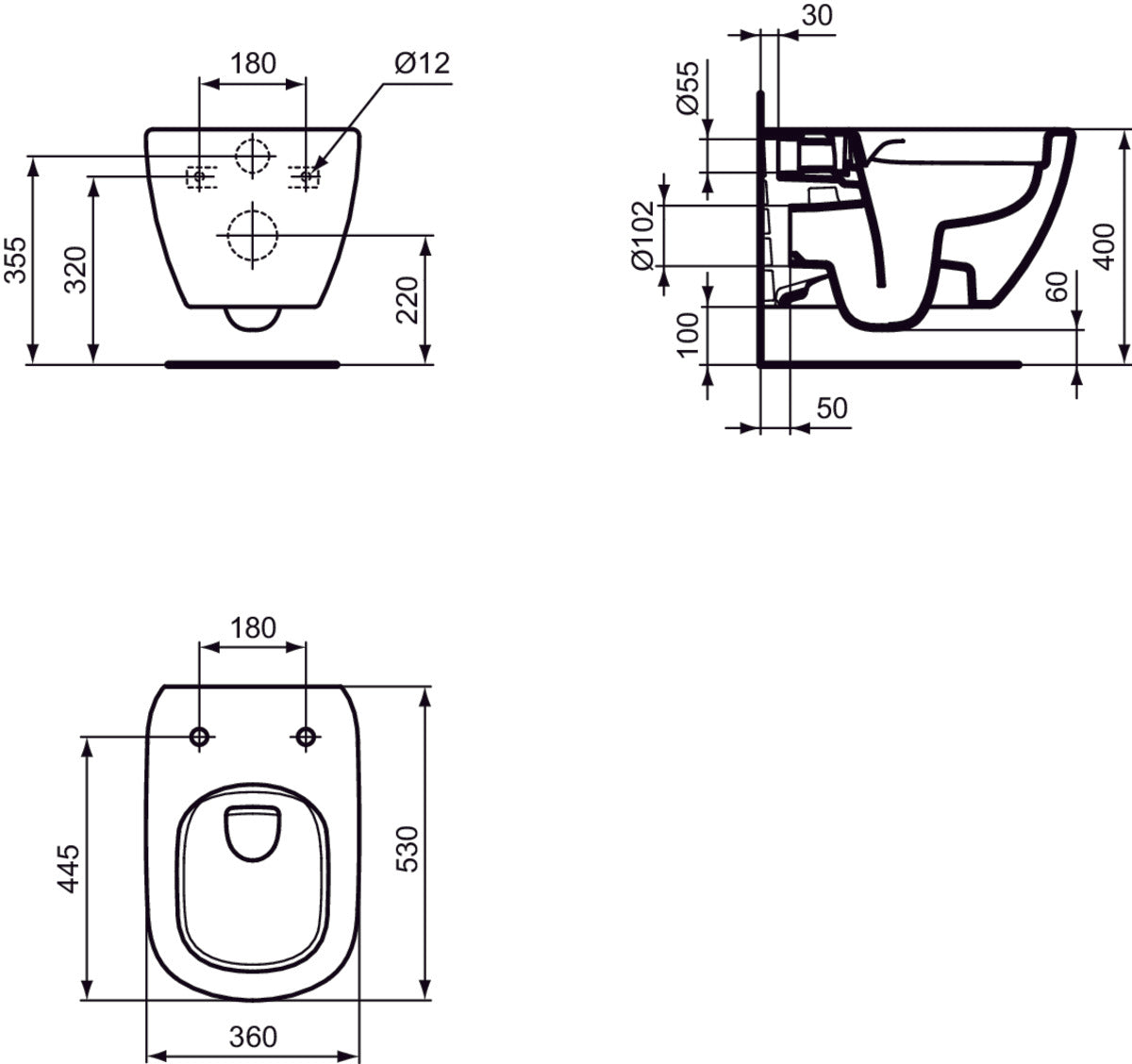 Vas Wc Tesi Ideal Standard Suspendat Rimless+, 53X36 Cm, Fixare Complet Ascunsa Easyfix+ (Doar Cu Capacele T552101 Si T552201)