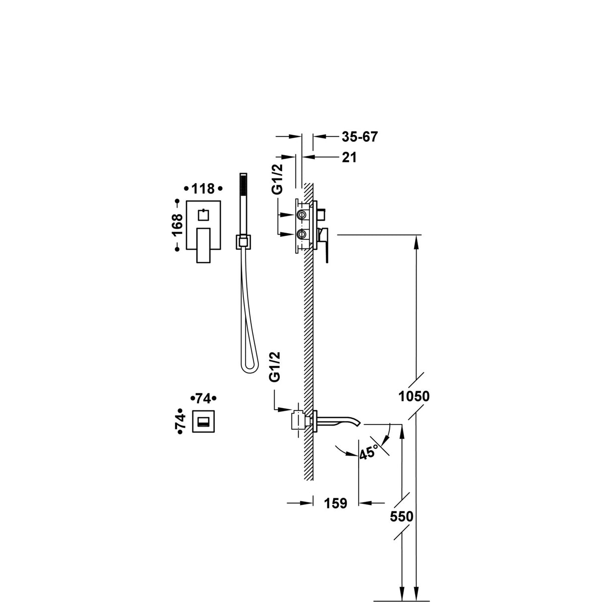 Baterie Set Cada TRES Cuadro Crom lucios incastrat ( parte incastrata inclusa )