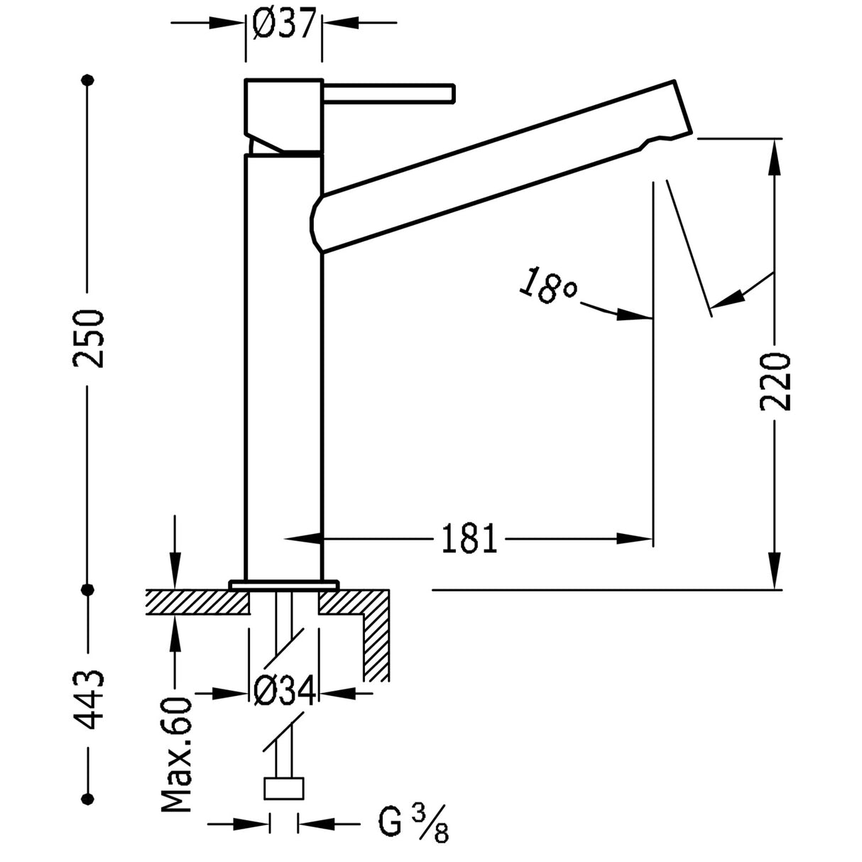 Baterie pe lavoar inalta, monocomanda TRES Max, Crom lucios