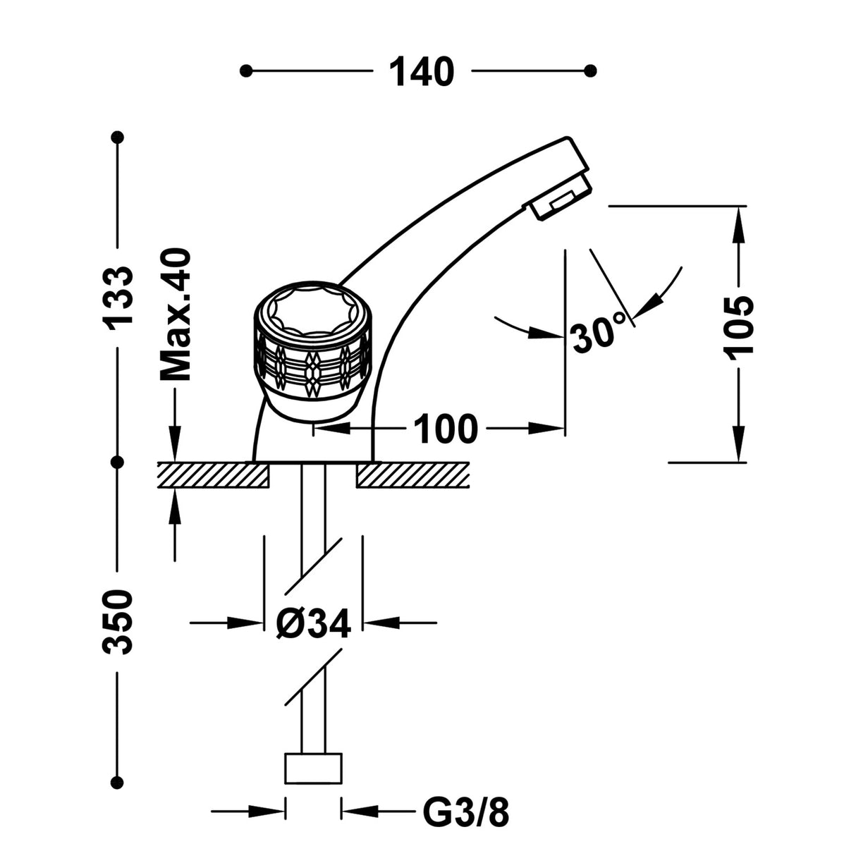 Baterie pe lavoar, TRES Ese-23, Crom lucios