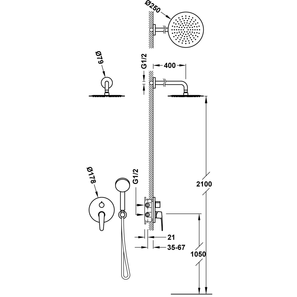 Sistem dus incastrat cu 2 iesiri, cap de dus rotund, diametru de 250mm, TRES Flat, Crom lucios