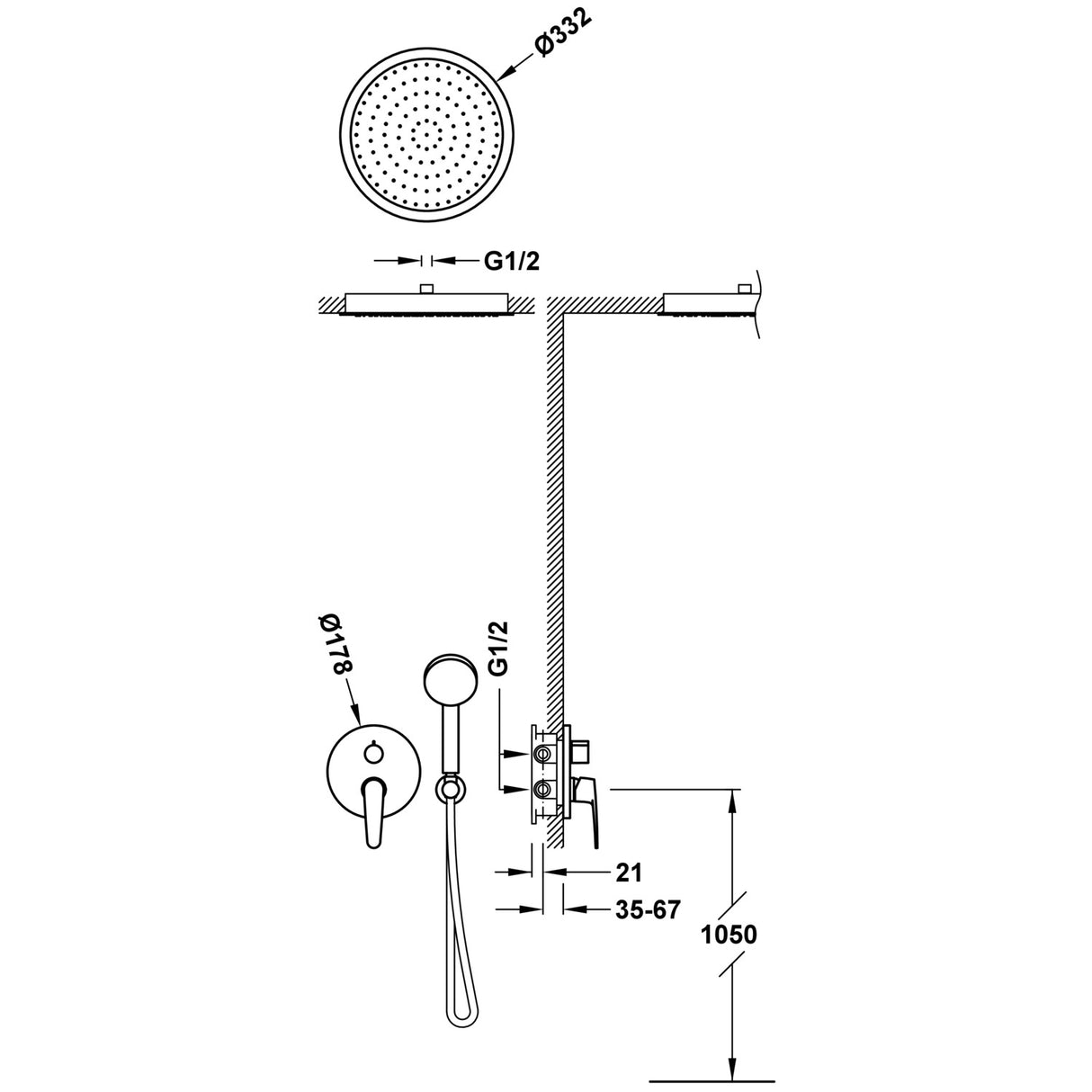 Sistem de dus incastrat cu 2 iesiri, cap de dus rotund incastrat, diametru de 332mm, TRES Flat, Crom lucios