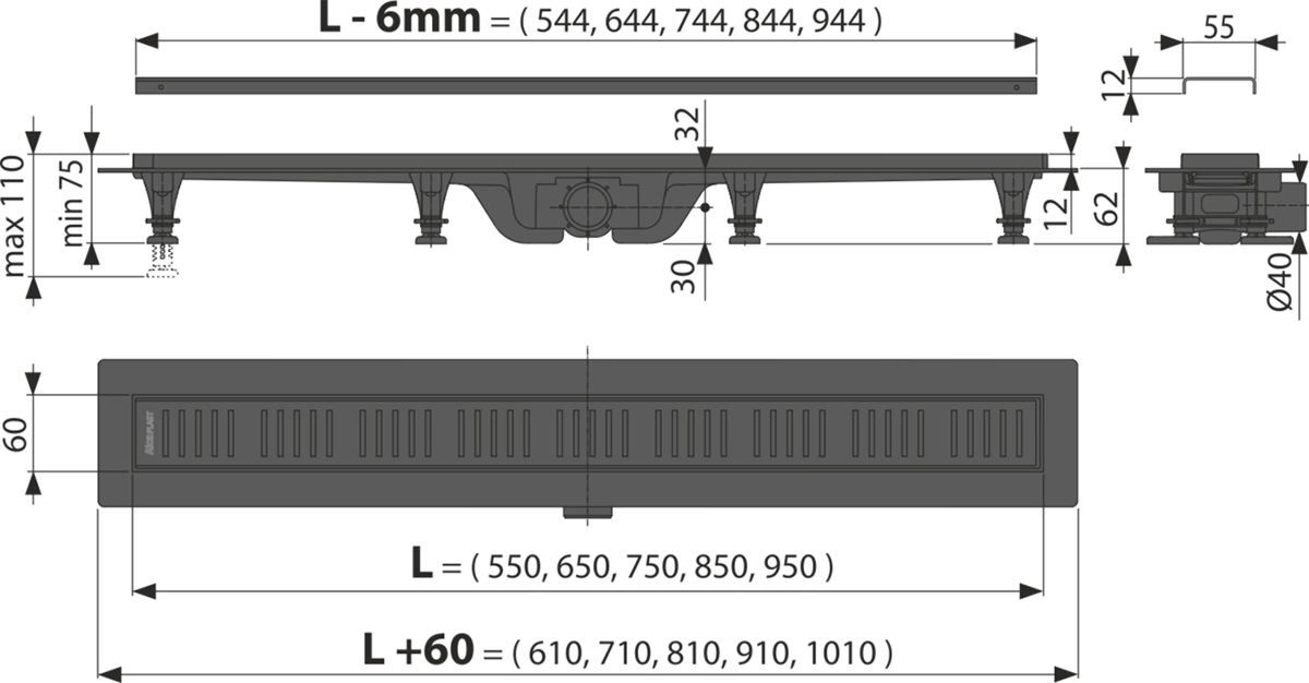 Canal De Scurgere Alca Apz10 Black Simple Cu Gratar Perforat, 550Mm, Otel Inoxidabil Negru Mat
