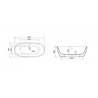 Cada freestanding WELLIS OVAL 150, dimensiuni 150X75X58 cm - 180 l, acril cu pereti dubli, grosime strat acrilic 4-5 mm, scurgere inferioara+preaplin+sifon