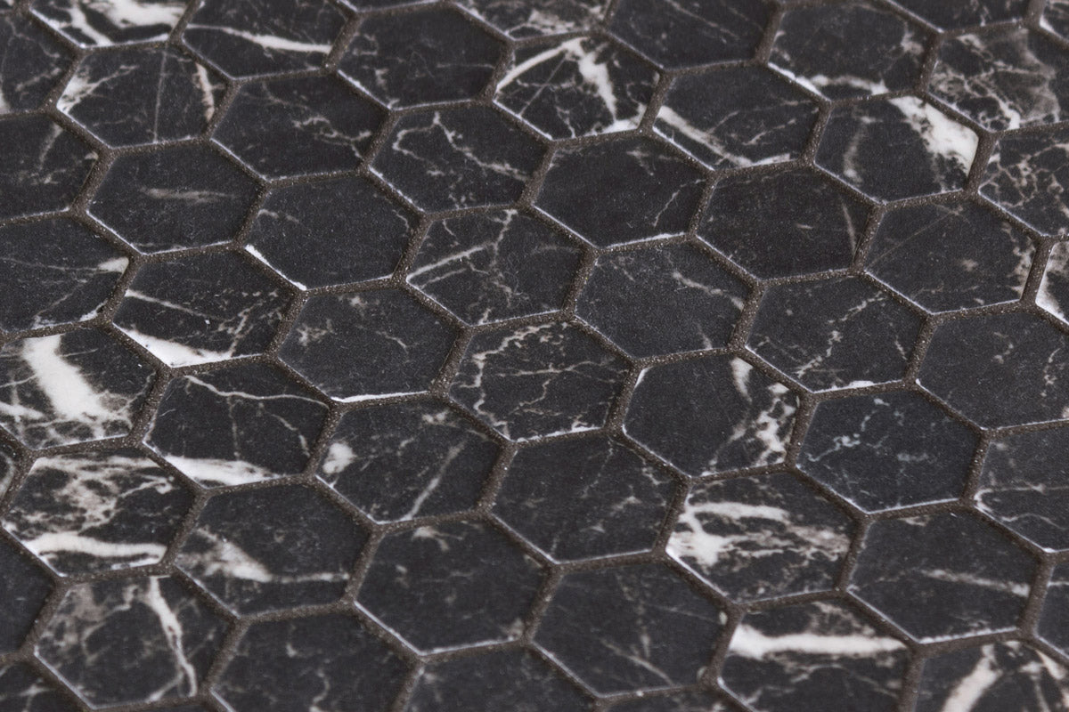 Mozaic Onix, Hex Ecostones Nero Marquina Matte, Mat, Sticla, Aspect Marmura, 29x29cm
