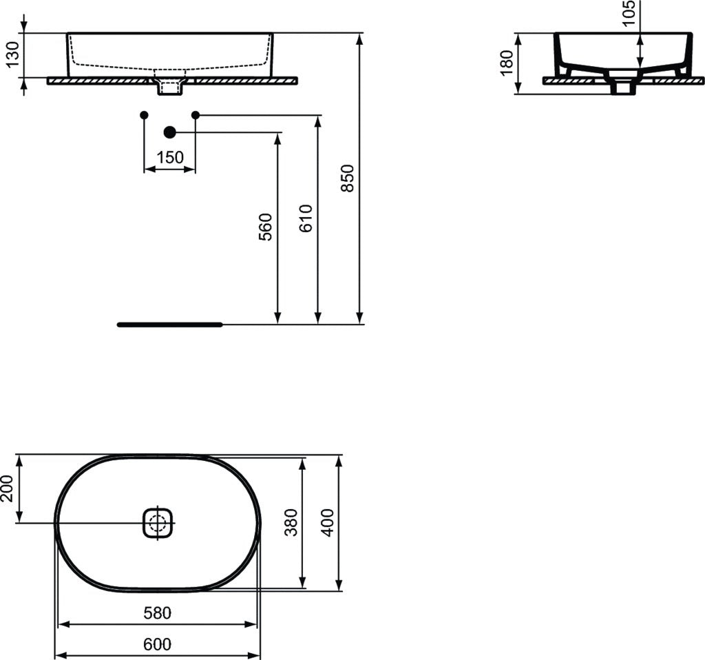 Lavoar Ideal Standard  Strada Ii Oval 60X40 Montaj Pe Blat, Fara Orificiu Baterie, Fara Preaplin
