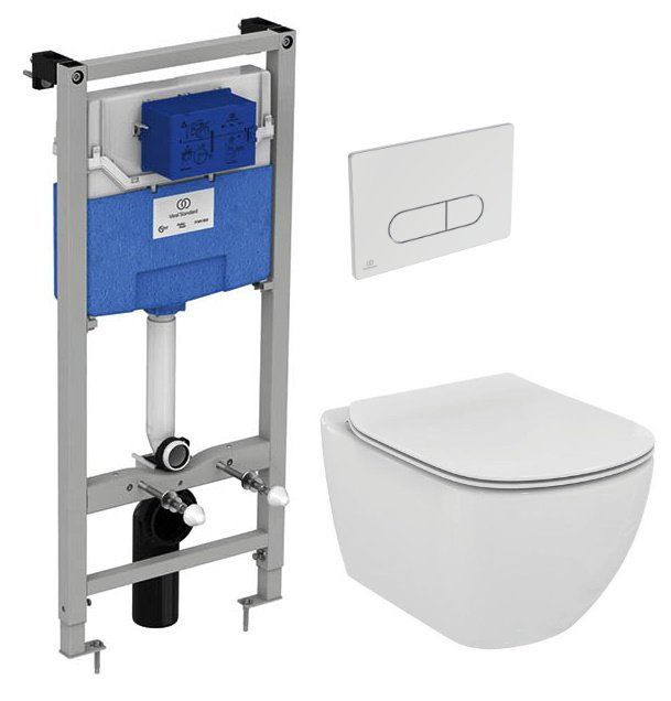 Set Cadru Cu Rezervor Incastrat Ideal Standard Prosys 120, Set Fixare, Clapeta Oleas M1 Dual Crom, Vas Wc Suspendat Tesi Aquablade Si Capac Wc Tesi Slim Soft-Close